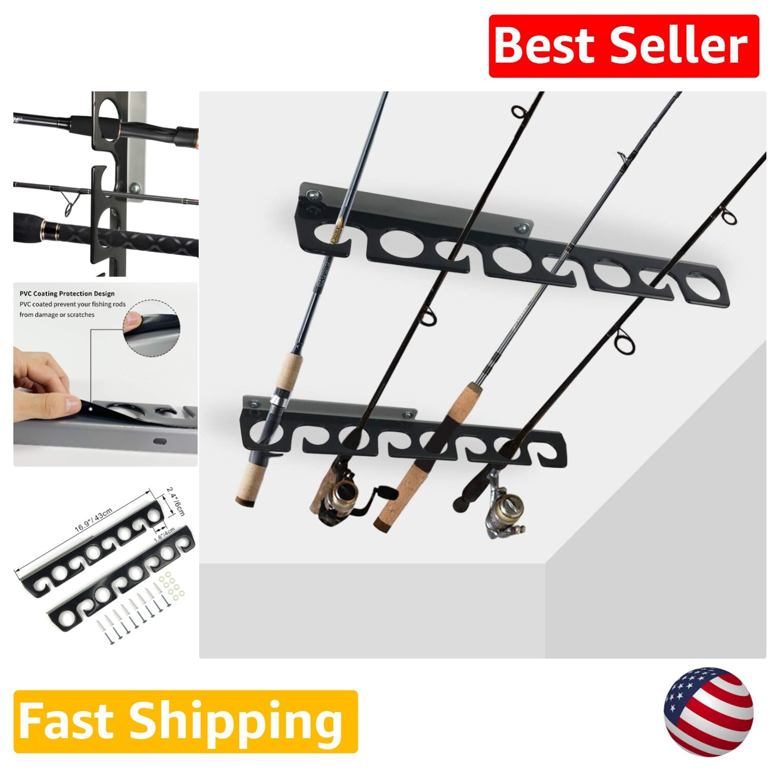 Heavy Duty Fishing Rod Rack - Wall/Ceiling Mount - PVC Coating Protection
