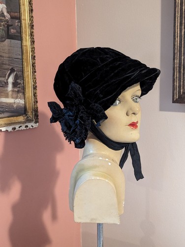 Antique Victorian Black Velvet 19th Century Wire Framed Bonnet Millinary Flowers