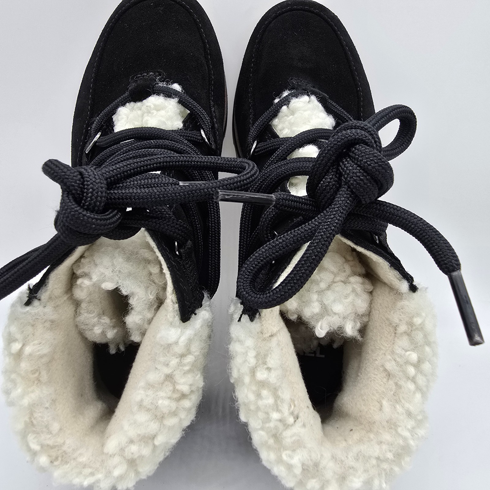 SOREL Womens Boot Shearling Trim Waterproof Black Suede Lace Up 5.5  Cozy Harlow