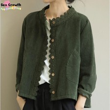 Lady Corduroy Coat Shirt Jacket Blouse Top Lace Button Loose Casual Retro Soft