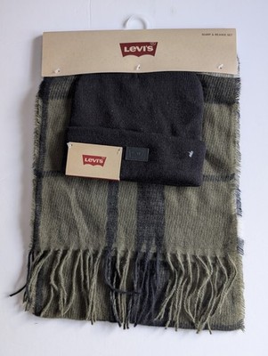 Levi's Scarf Beanie Set Outdoor Black Olive Gift Set New Tags Plaid Warm