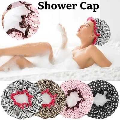 Shower Cap for Women Reusable Waterproof Double Layer Elastic Bathing Hat  4Pcs