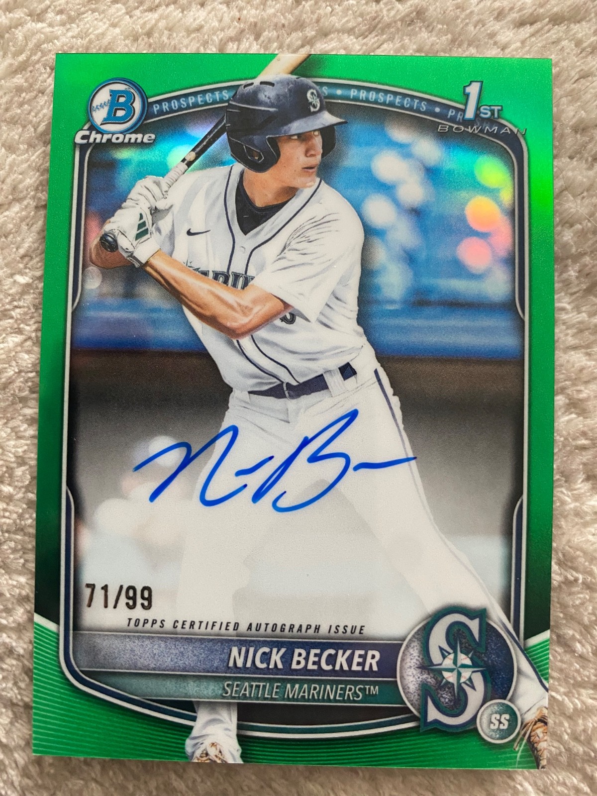 2025 Bowman Draft Nick Becker Chrome Auto Green Refractor 1st #/99 Mariners
