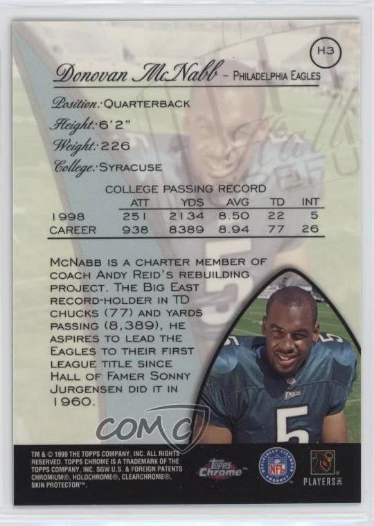 1999 Topps Chrome Hall Hopefuls Donovan McNabb #H3 Rookie RC - Image 2 of 2