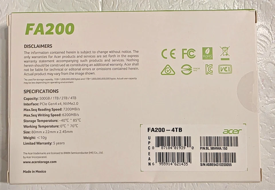 ACER -  FA200 NVMe Gen4 SSD 4TB, Internal Solid State Drive - Brand New Sealed! - Image 2 of 2