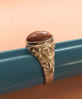 Large Fully Hallmarked Bham 1995 Sterling Silver & Goldstone Ring Size Y1/2