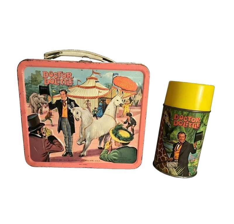 Vintage 1967 Doctor Dolittle Metal Lunchbox with Thermos Aladdin Complete Set.