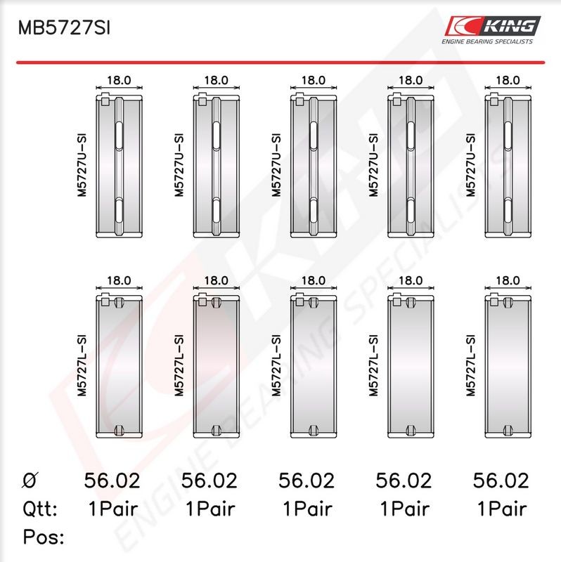KING MB5727SI0.25 Crankshaft Bearing Shell Set Fits Fiat Sedici Subaru Justy MK3