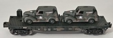 MENARDS ARMY - O GAUGE MILITARY FLATCAR w/ Two '39 Chev. US Army Surgical Vans