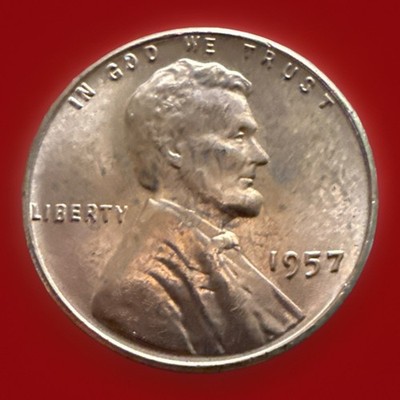 A 1957-D US Lincoln Wheat Cent with a red BU from its original roll is available