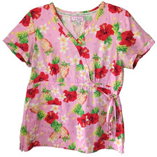 Koi Kathryn Scrub Top - Size M -Pink Red Tropical Flowers Pineapple Tie Waist