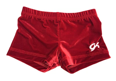 GK Elite Child Large CL L Solid Red Velvet Velour Gymnastics Cheer SHORTS - Image 1 of 4