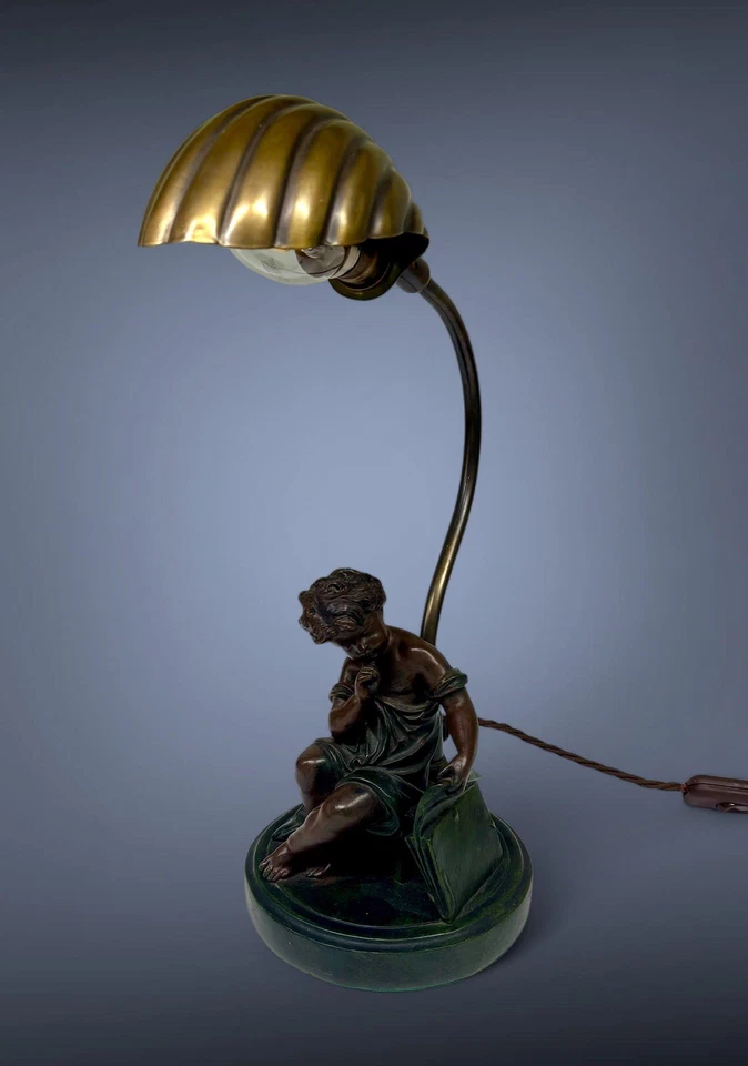Vintage Accent Lamp The Scholar After Moreau Resin With Brass Shell Shade - Image 2 of 4