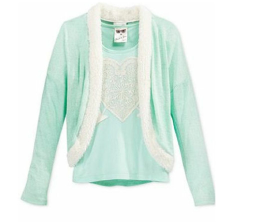Belle Du Jour Girls' 2-Piece Cocoon Sweater Faux Fur Trim & T-Shirt Set LARGE