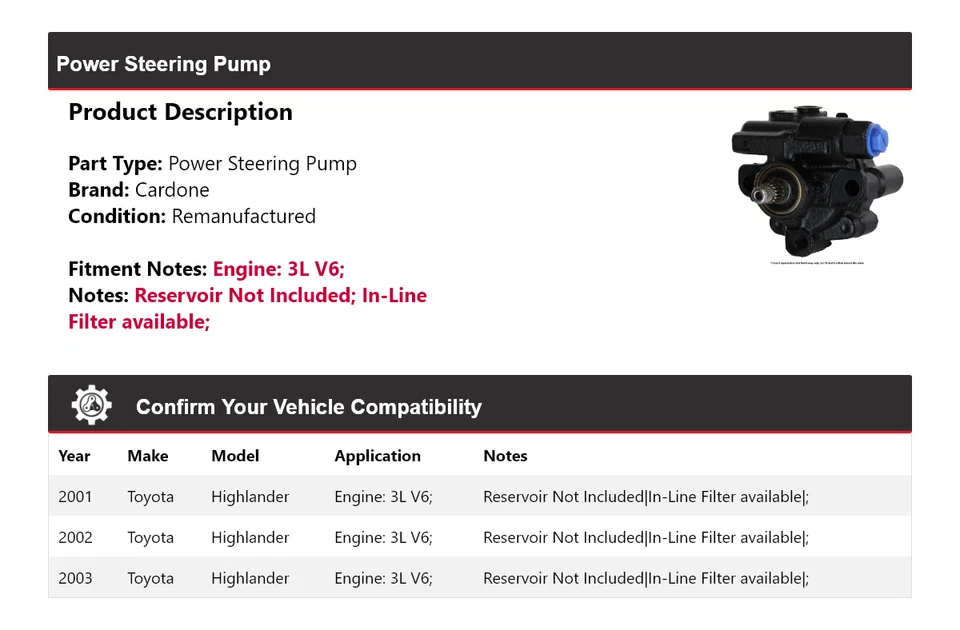 Bomba de dirección asistida Cardone 2002 para Toyota Highlander 2001-2003 3L V6 Foto 2 de 4