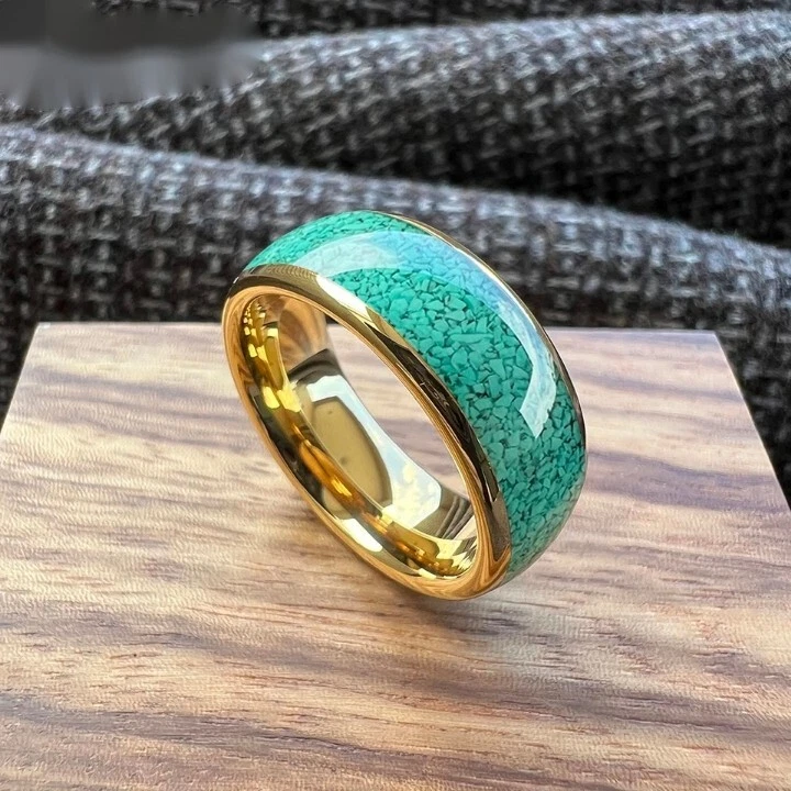 Anillo de carburo de tungsteno de 4/8 mm para hombres y mujeres anillo de cúpula con incrustación de turquesa aplastado Foto 3 de 4