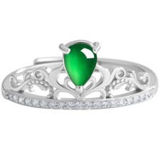 Certified S925 silver inlaid natural A-grade jadeite crown ring adjustable