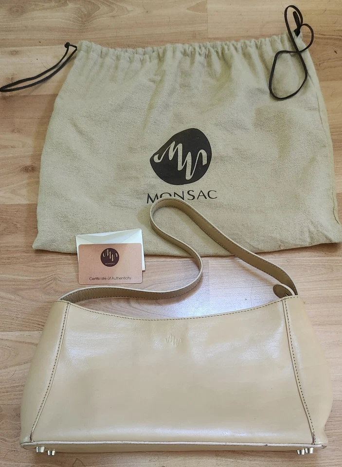 Bolso de mano Monsac original de cuero tostado con bolsa antipolvo, certificado de autenticidad. Leer Foto 4 de 4