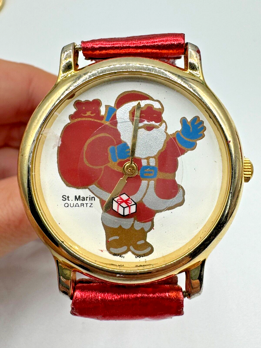 L1-5719 VINTAGE WATCH CHRISTMAS RED LEATHER GOLD FACE SANTA  display picture 1