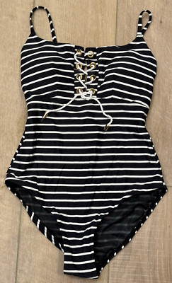 NEW SEA LEVEL BLACK WHITE STRIPE LACE UP ONE PIECE SWIMSUIT SZ US 8