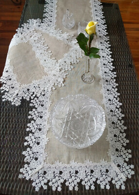 Set 54'' Dresser Scarf Runner PLUS Two 17'' x 12'' Doilies Neutral Burlap Daisy
