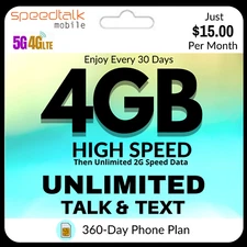 SpeedTalk Unlimited Prepaid SIM Card - 5G 4G LTE No Contract 360 Days Phone Plan