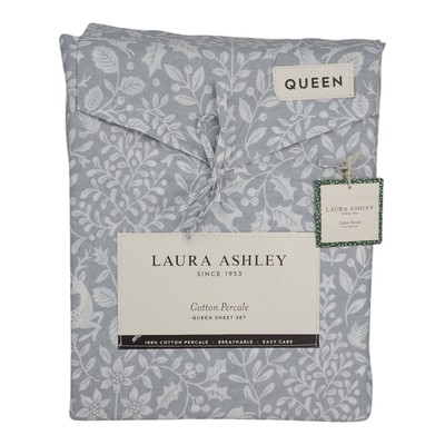 Laura Ashley Cotton Percale QUEEN Sheet Set Gray Deer Dance Holiday Print