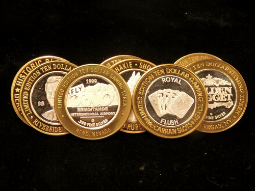 Lot of 8x Mixed $10 Limited Edition .999 Silver Gaming Tokens Nevada, South Dako