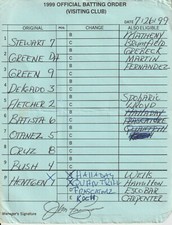 7-26-99 Toronto Blue Jays - Game Used Lineup Card - Shawn Green & Pat Hentgen