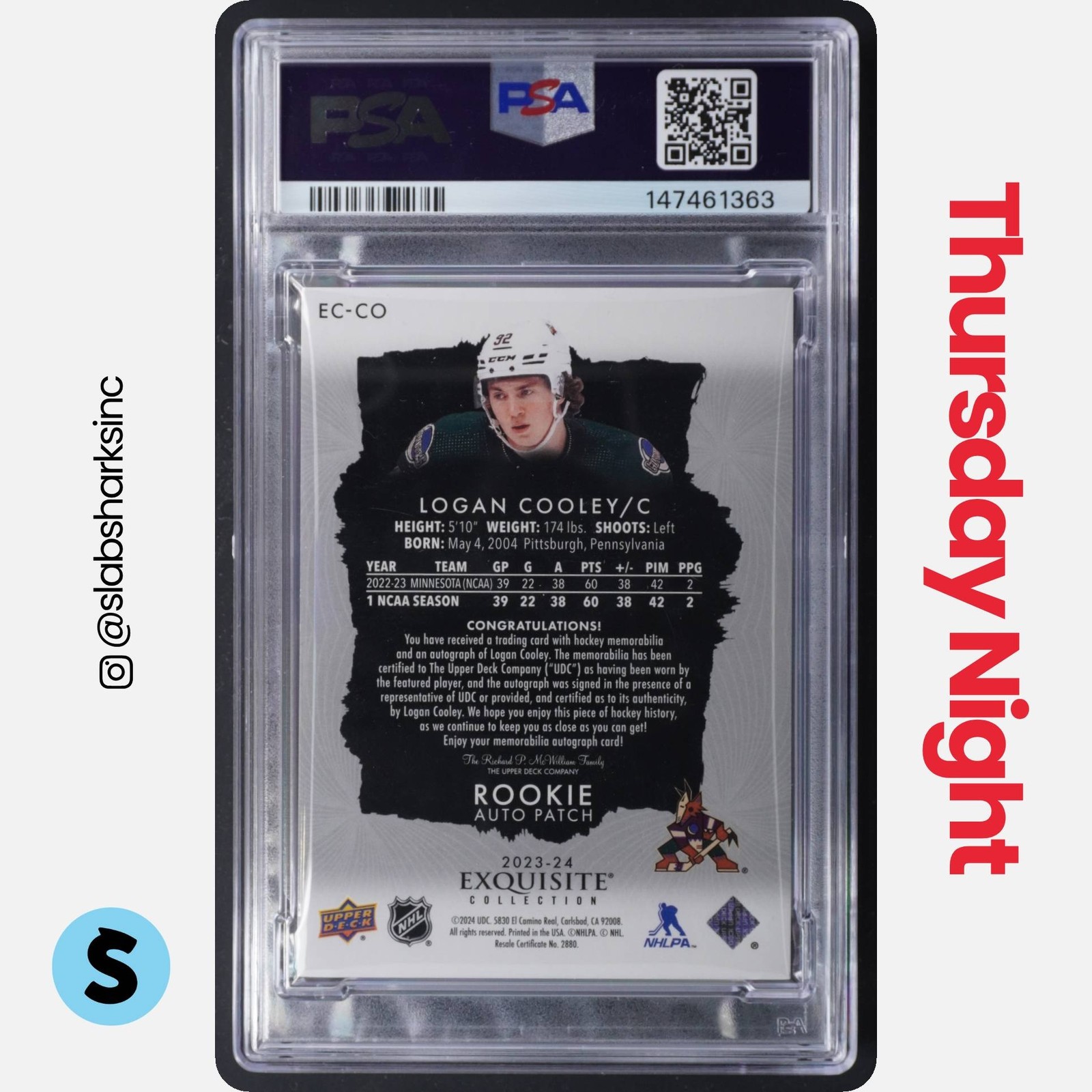 2023 UPPER DECK THE CUP LOGAN COOLEY EXQUISITE ROOKIE AUTO PATCH RC /92 PSA 8 view 2