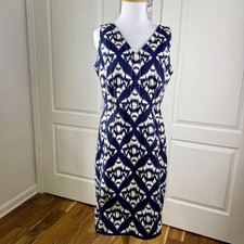 Talbots Navy Blue Cream Ikat Geometric Print V Neck Sheath Dress Size 8