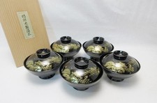 Japanese Black Lacquer Soup Bowls Gold Makie Landscape Set of 5 Boxed