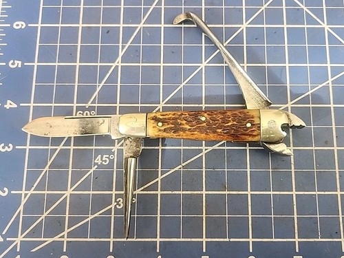 Antique O Barnett Tool Co Knife Multitool With Pliers Jigged Bone Handles!