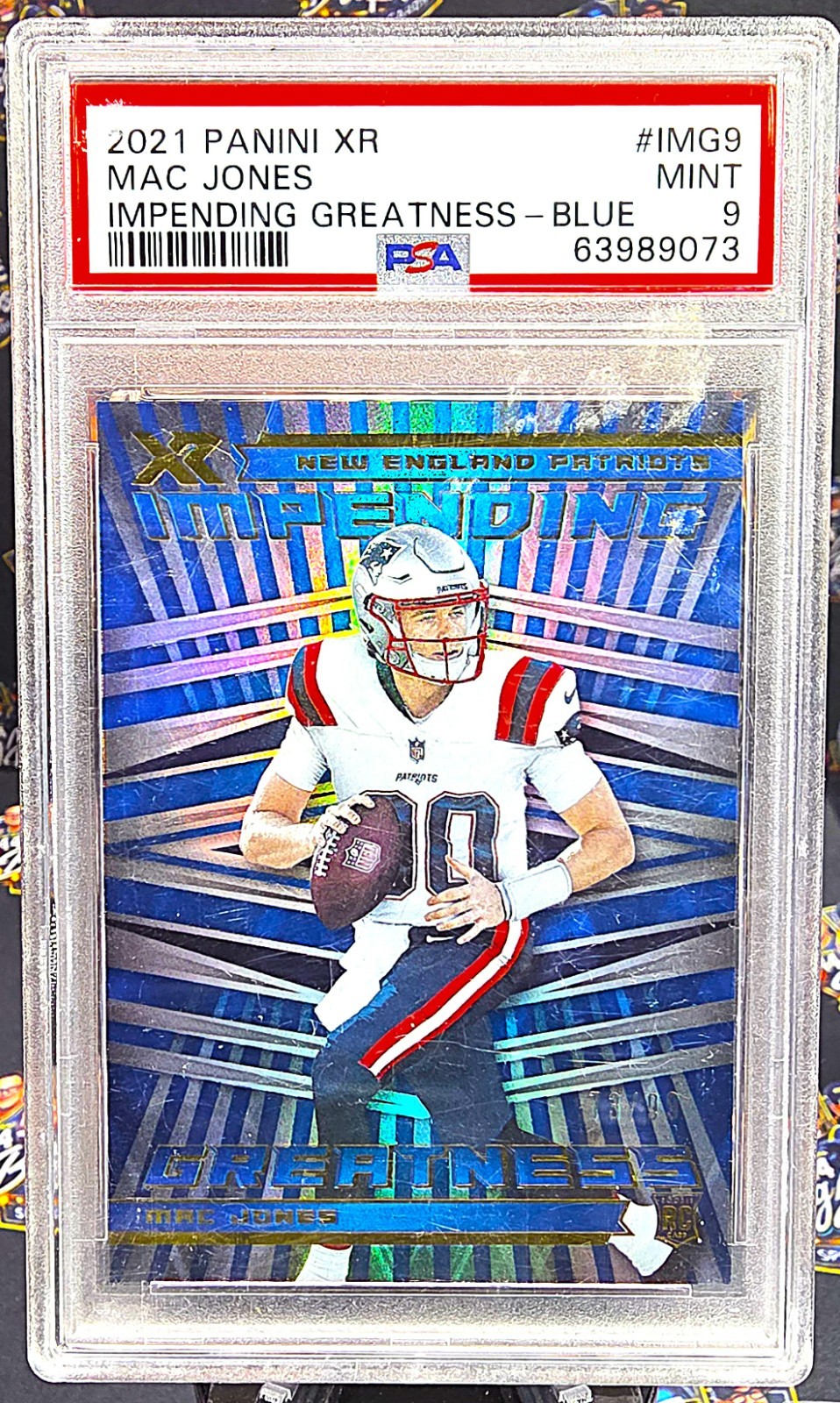 2021 Panini XR Impending Greatness Blue /99 Mac Jones #IMG9 Rookie RC PSA 9
