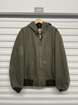 VTG Carhartt J130 MOS Duck Canvas Jacket Hooded Quilt Lined Moss Green Large Reg