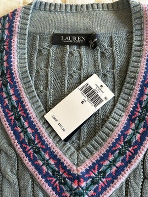 Ralph Lauren cable knit cricket sweater cotton S With Striped V Neck New