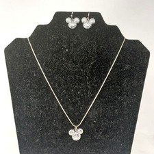 Mickey Mouse Rhinestone Necklace Earrings Set Silver Tone W/ Sterling J-11RB