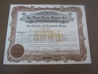 1921 The UNITED SERVICE STATIONS Co. Stock Certificate OHIO
