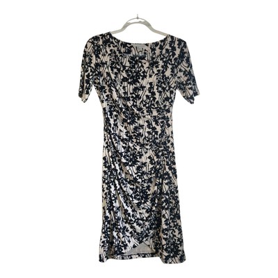 H&M Womens SM Dress Floral Black & Cream Side Ruching Short Sleeve Midi Stretch