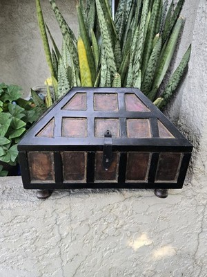 Footed Rectangular Decorative Box Wood Metal Hinged Lid Black Brown