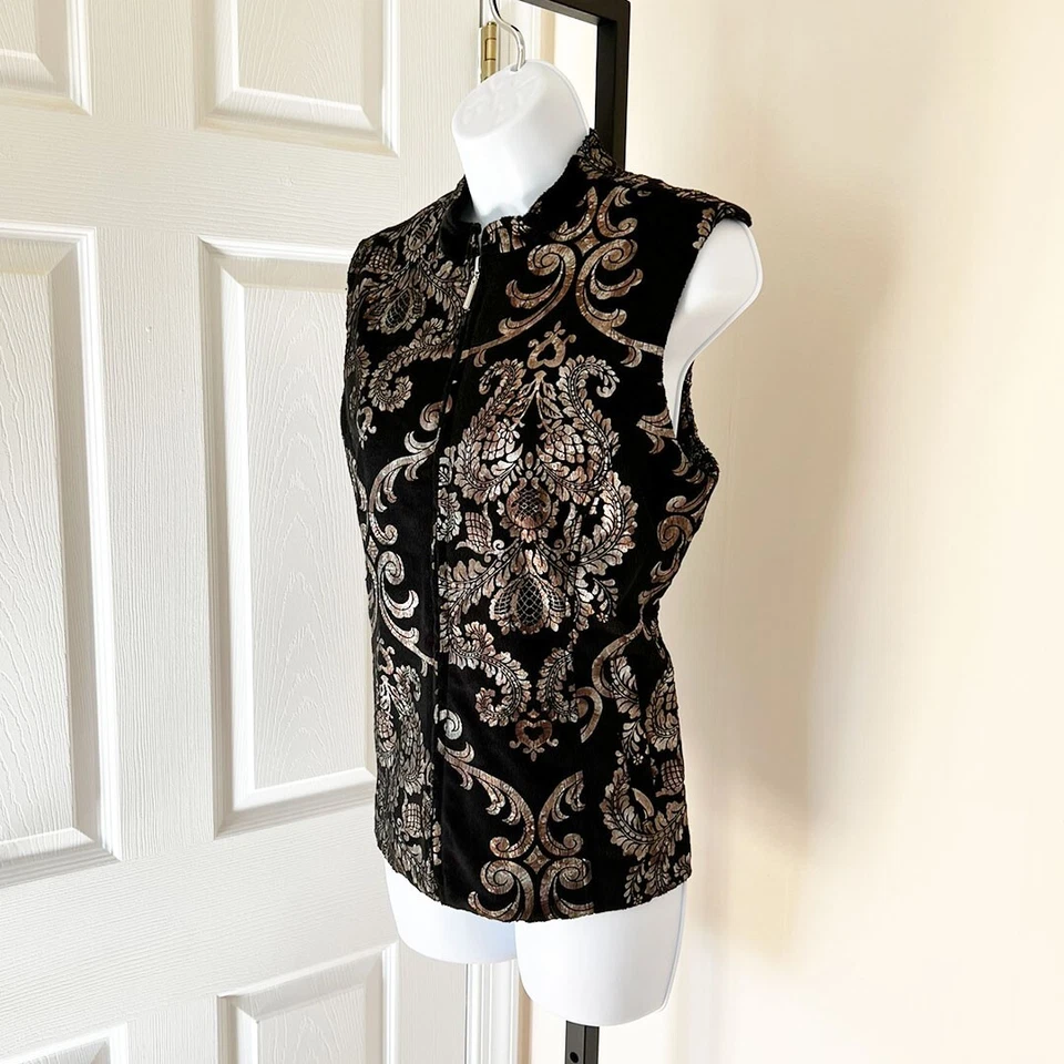 Precioso Chaleco Erin London Cremallera Completa Láminado Dorado sobre Negro Piel Suave Exterior Talla Foto 2 de 4