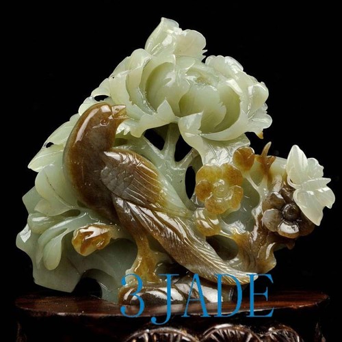 Natural Hetian Nephrite Jade Bird Flower Statue Carving Sculpture w/ Certificate - Picture 5 of 9