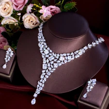 Long Leaf Square Bridal Wedding Necklace Earrings Silver Plated CZ Jewelry Set