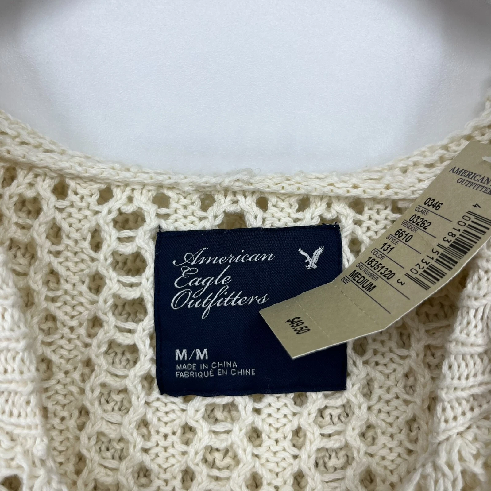 OFF WHITE Felpa con cappuccio American Eagle all'uncinetto donna taglia M panna maglia pullover Y2K nuova con etichetta