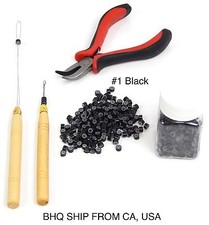 Hair Extension Tool Pliers Kit With 500PCS Silicone Rings Beads Black