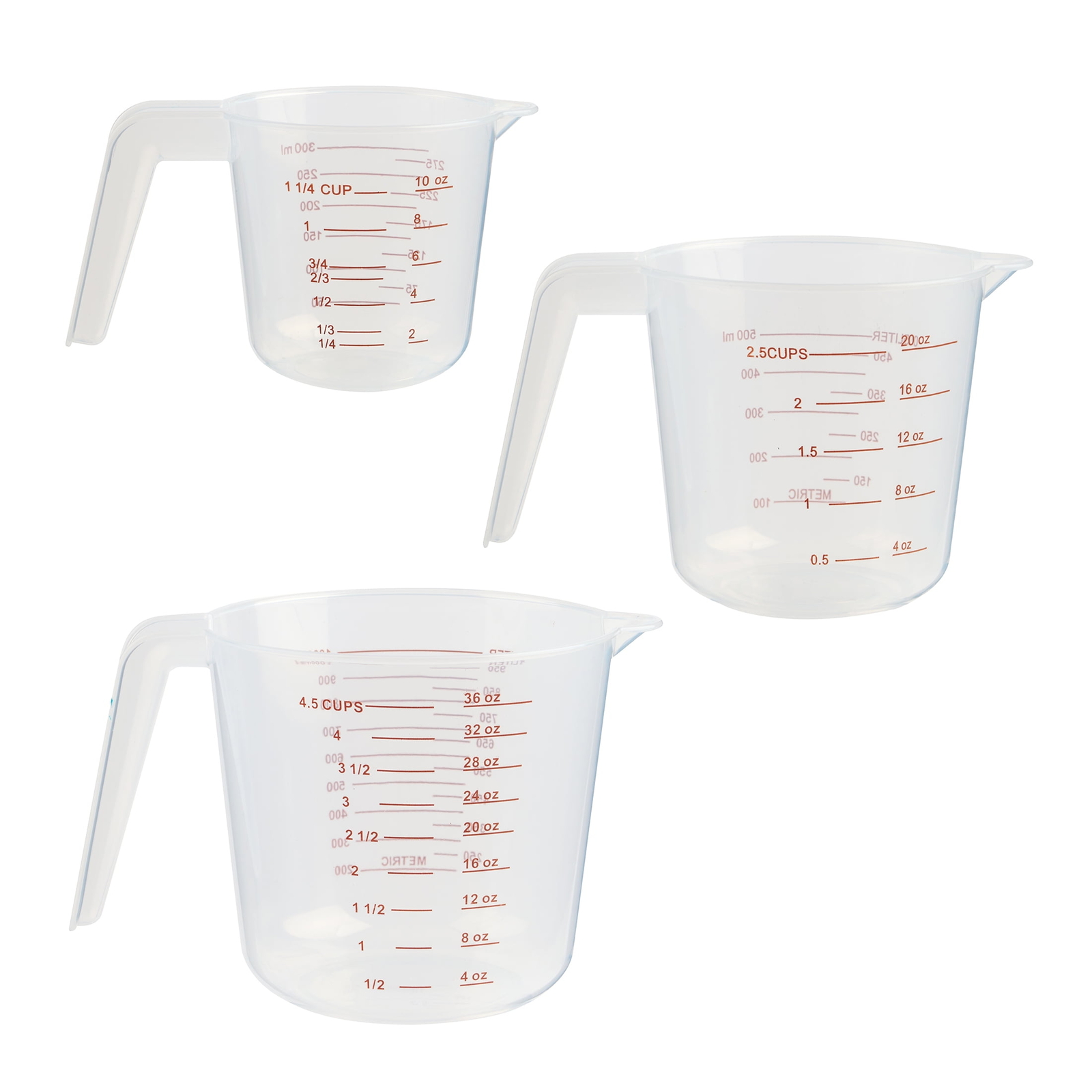 Mainstays 3-Piece Tapered Spout Nesting Plastic Measuring Cups Set, Clear