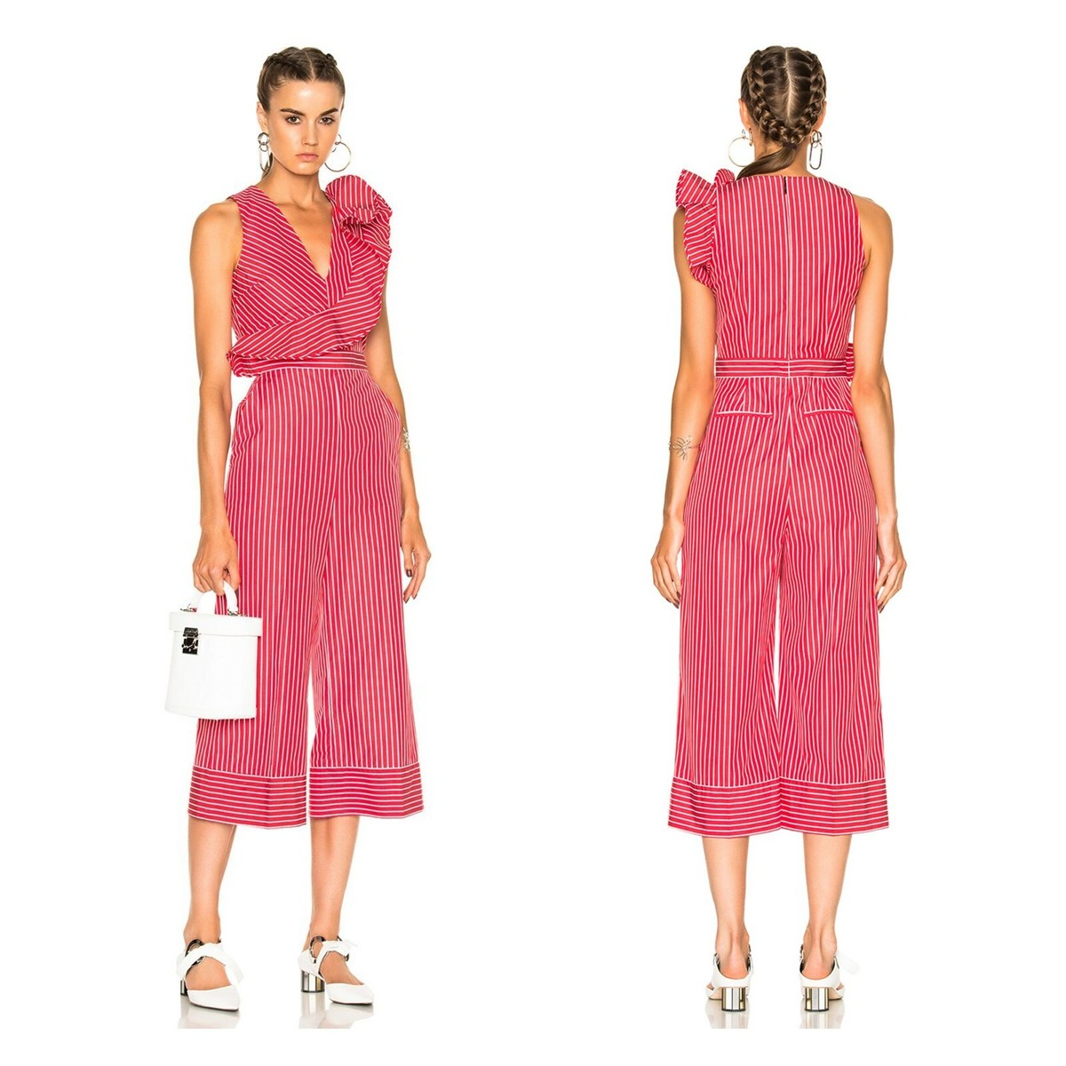 NWT $695 MSGM Size 40 US 6 Red White Ruffled Striped Cotton