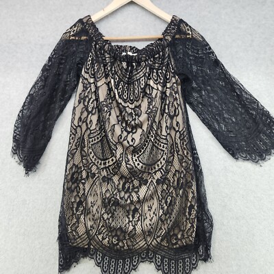Francesca Fire Mini Dress Women's Size S/P Black Floral Nylon Off the Shoulder