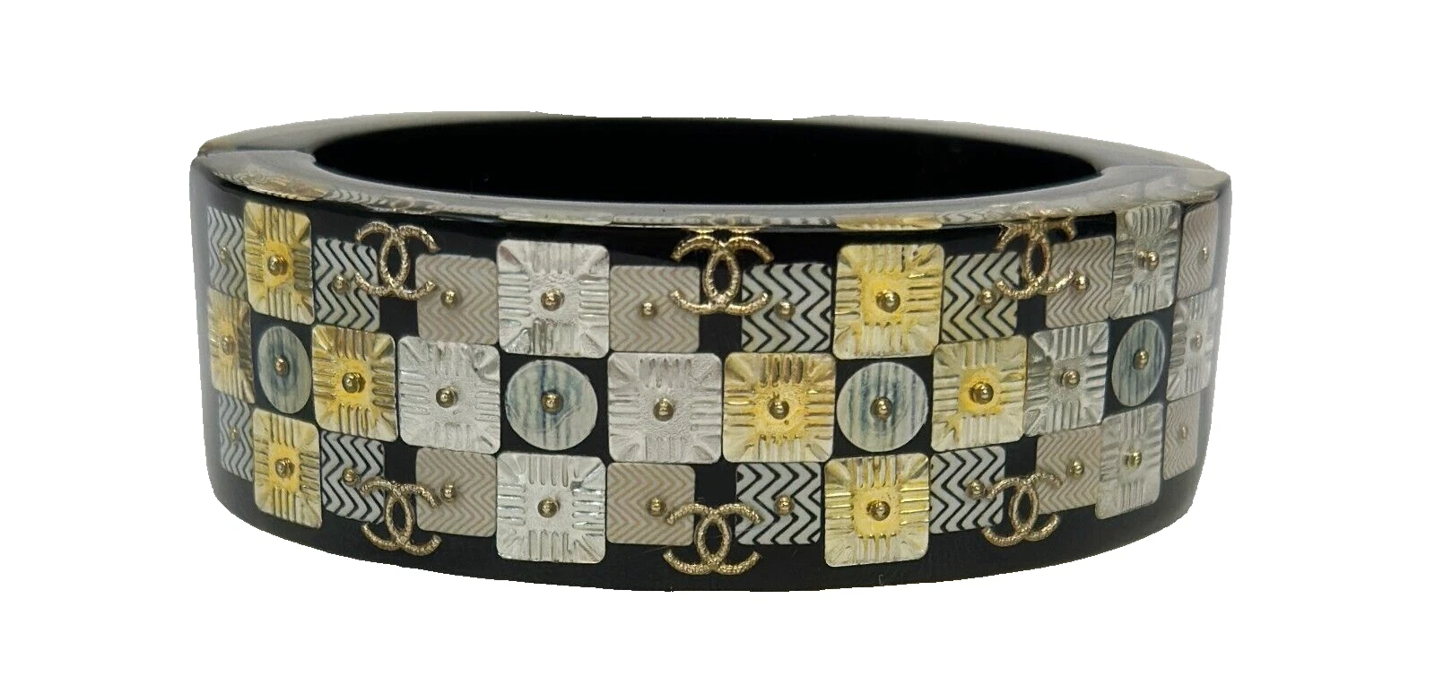 Bracciale CHANEL CC Logo Nero Oro Argento Resina Piastrella Braccialetto 2016 RARO