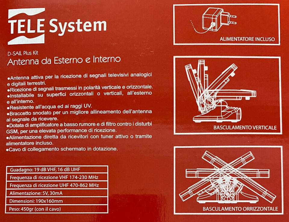 Antenna TV Attiva TELE System D-Sail plus Kit sia da interno che da esterno - Immagine 4 di 4